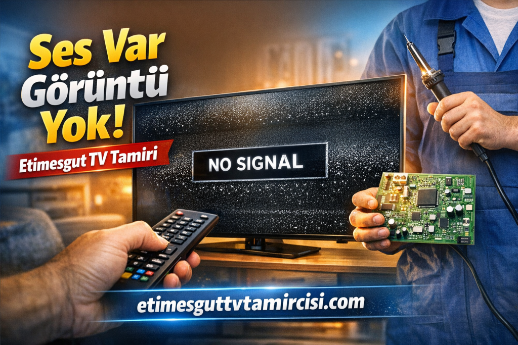 No signal message on a TV screen while a technician holds a circuit board and a soldering iron; finds TV repair service in Turkish.