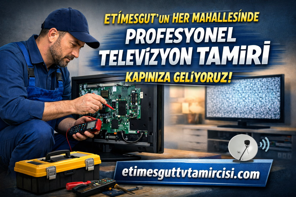 Profesyonel televizyon tamircisi, TV’nin iç devrelerini inceleyen teknisyen, multimetreyle ölçüm yapıyor; yanlarında araç kutusu ve uzaktan kumanda var.