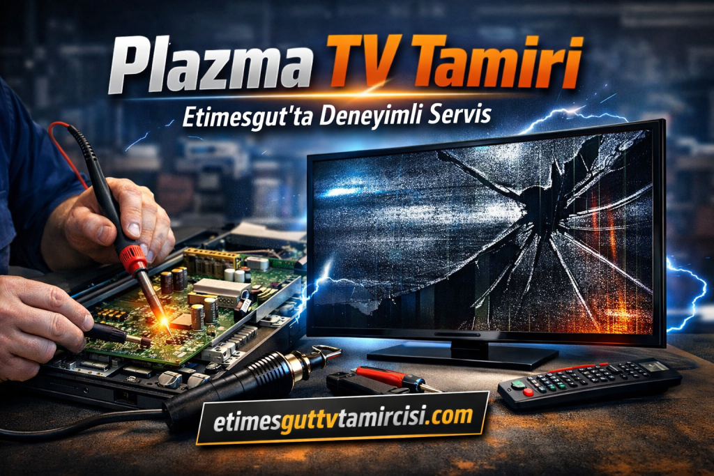Technician soldering a plasma TV circuit board beside a cracked screen; workshop backdrop and tools visible; banner reads 'Plazma TV Tamiri'.