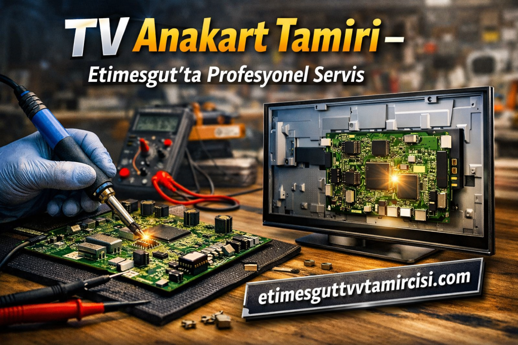 Soldering a TV motherboard on a bench with diagnostic equipment in the background; Turkish text advertises TV motherboard repair in Etimesgut and a website URL.