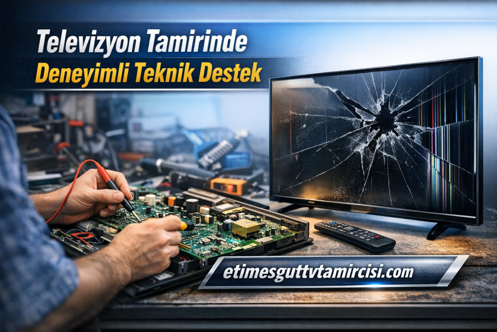 Repair technician soldering a circuit board as a cracked TV screen looms to the right; Turkish repair service banner reads 'Televizyon Tamirinde Deneyimli Teknik Destek' and site 'etimesguttvtamircisi.com'