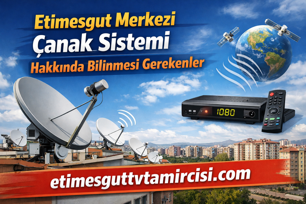 Promotional banner advertising a satellite dish system on rooftops, with Earth and satellites, a digital receiver, a remote, and a city skyline in the background (Turkish text visible).