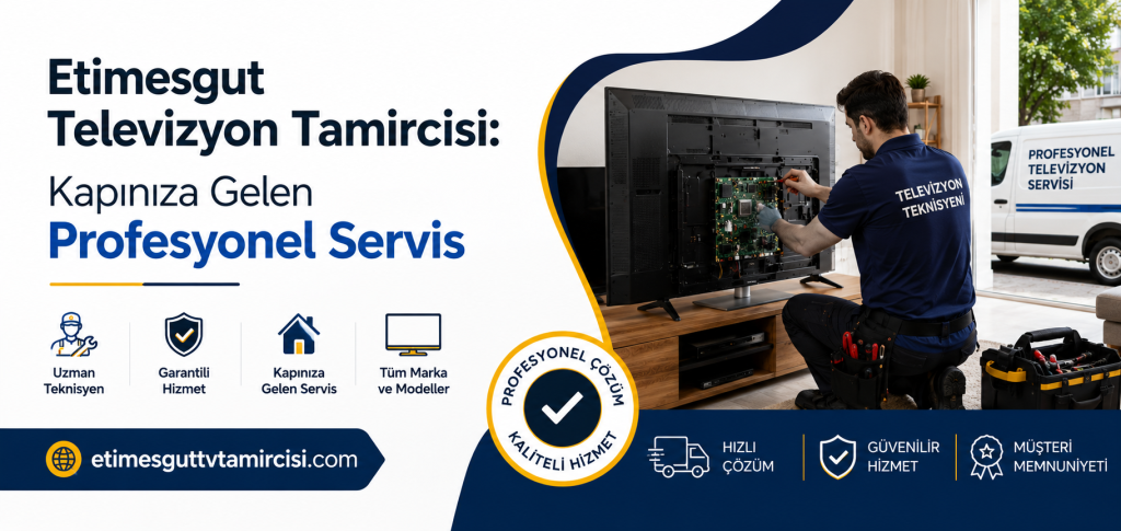 Turkish ad banner for a TV repair service showing a technician installing a TV circuit board; service van in the background and bold Turkish headline about professional in-home service.