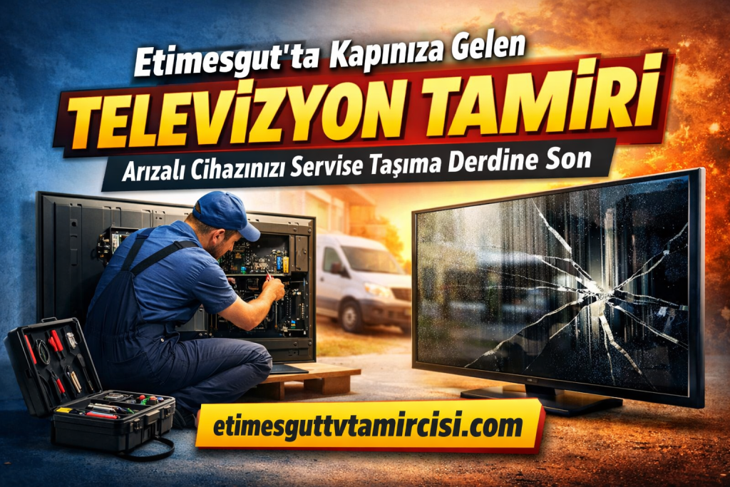 Repair technician in blue overalls fixes a large TV chassis outdoors, with an open tool case nearby and a cracked-screen TV to the right.