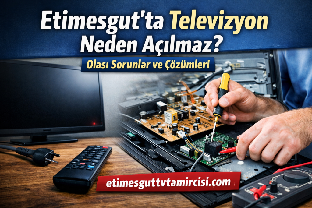 Televizyon iç devre kartını lehimleyerek onaran teknisyen; masa üzerinde devre kartları ve uzaktan kumanda görünüyor, arka planda TV ekranı.