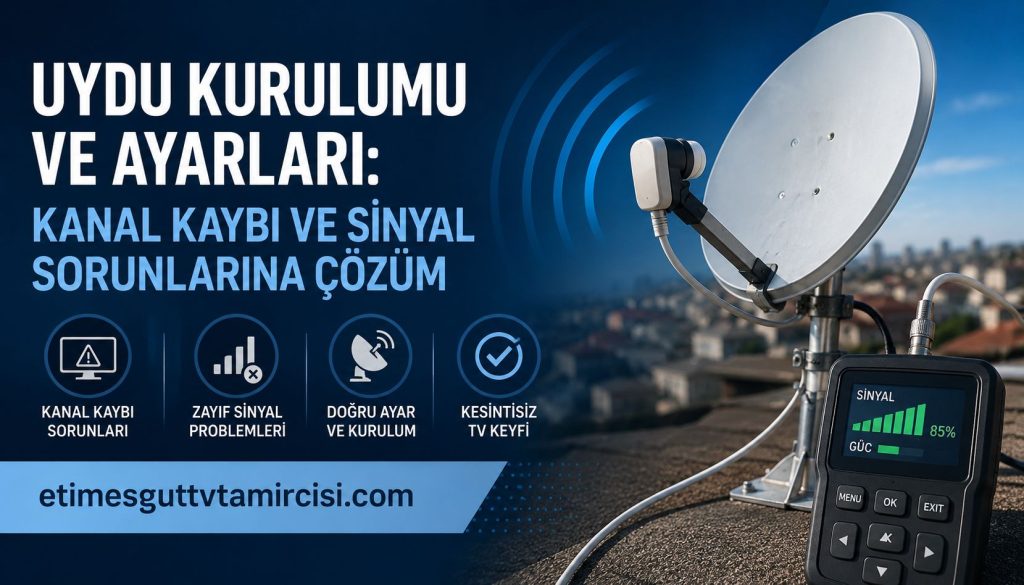 Uydu kurulumu ve ayarlarıyla kanal kaybı ve sinyal sorunlarına çözüm sunan reklam afişi; uydu çanakı ve ölçüm cihazı önde