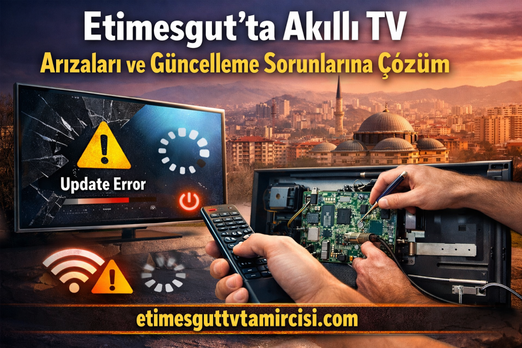 Banner advertising TV repair in Etimesgut; cracked TV screen, remote, and technician repairing a circuit board over a city skyline backdrop.