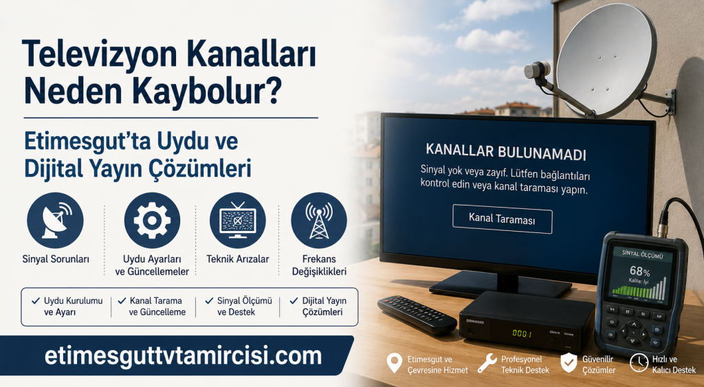 Reklam afişi: TV kanalları yok olduğunda çözümler sunan dijital yayın ve uydu hizmetlerini tanıtan görsel, televizyon ekranında Kanal Taraması mesajı ve sağda uydu çanağı bulunuyor.