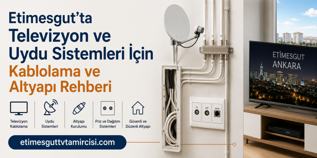 Promotional banner for Etimesgut TV and satellite systems cabling and infrastructure guide, showing cables, a dish, and a TV on the right